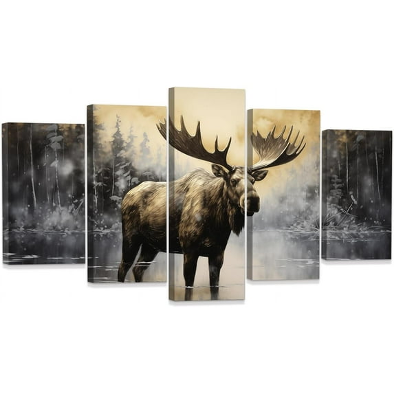 ZHONGYUTONG Moose Canvas Wall Art 5 Pieces Elk Deer Pictures Wildlife Painting Print Vintage Rustic Cabin Farmhouse Wall Decor Framed (8"x14"x2 8"x18"x2 8"x22"x1)