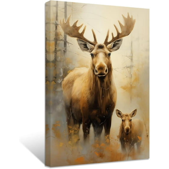 ZHONGYUTONG Moose Canvas Wall Art Cute Baby Moose Picture Prints Vintage Animal Portraits Paintings for Kids Room Nursery Framed (24.00" x 36.00")