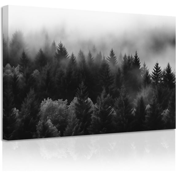 ZHONGYUTONG Mountain Canvas Wall Art Misty Forest Pine Tree Painting Prints Black and White Landscape Wall Decor for Living Room Bedroom Framed (16.00" x 24.00")