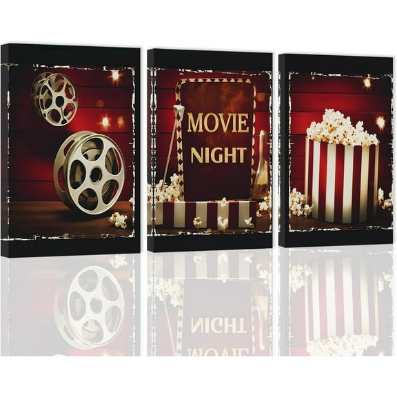 ZHONGYUTONG Movie Wall Art 3 Piece Movie Sign Canvas Print Black and Red Movie Popcorn Painting Modern Home Theater Room Media Cinema Wall Decor Framed (11"x14"x3PCS)