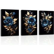 ZHONGYUTONG Navy Blue Decor 3 Pieces Black Golden Rose Picture Abstract Blue and Gold Flower Artwork Canvas Prints for Living Room Office Home Decor 11.00" x 14.00" x 3PCS