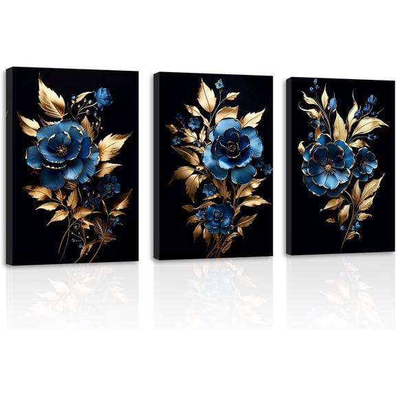 ZHONGYUTONG Navy Blue Decor 3 Pieces Black Golden Rose Picture Abstract Blue and Gold Flower Artwork Canvas Prints for Living Room Office Home Decor (16.00" x 24.00" x 3PCS)
