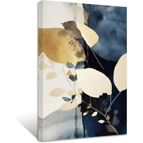 ZHONGYUTONG Navy Blue and Gold Wall Decor Abstract Golden Leave Picture Painting Luxury Gold Leave Canvas Prints Modern Artwork Framed (12.00" x 18.00")
