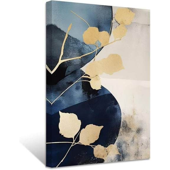 ZHONGYUTONG Navy Blue and Gold Wall Decor Abstract Golden Leave Picture Painting Luxury Gold Leave Canvas Prints Modern Artwork Framed (20.00" x 30.00")