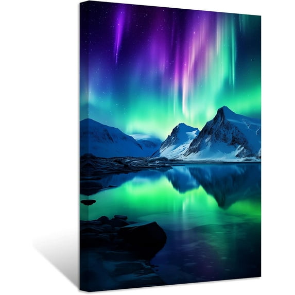 ZHONGYUTONG Northern Lights Wall Art Aurora Borealis Painting Forest Mountain Canvas Prints Nature Landscape Home Decor Framed (12.00" x 18.00")