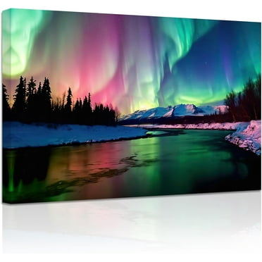 ZHONGYUTONG Northern Lights Wall Art Colorful Aurora Borealis Painting Forest Mountain Canvas Prints Nature Landscape Home Decor Framed (12.00" x 18.00")