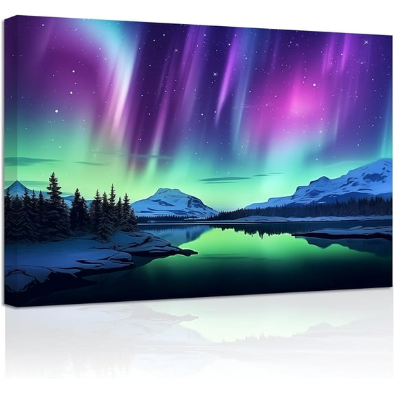 ZHONGYUTONG Northern Lights Wall Art Colorful Aurora Borealis Painting Forest Mountain Canvas Prints Nature Landscape Home Decor Framed (12.00" x 18.00")