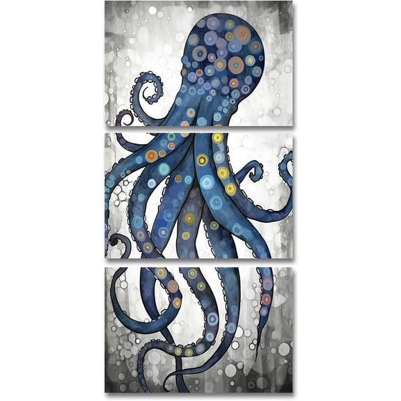 ZHONGYUTONG Octopus Wall Art Abstract Grey and Blue Octopus Painting Prints Sea Animal Canvas Picture Vertical Artwork Nautical Home Decor Framed (12.00" x 16.00" x 3PCS)