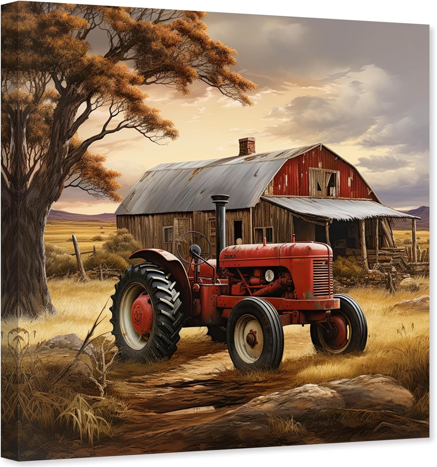 ZHONGYUTONG Old Barn Canvas Rustic Wall Art Farm Red Tractor Picture Vintage Farmhouse Country Painting for Living Room Decor Framed (12.00" x 12.00")