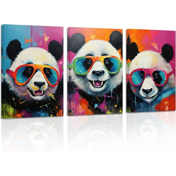 ZHONGYUTONG Panda Canvas Wall Art 3 Pieces Panda Wearing Glasses Poster Prints Abstract Colorful Animal Paintings Home Decor Framed (11.00" x 14.00" x 3PCS)