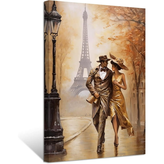 ZHONGYUTONG Paris Couple Wall Art Couple Walking on the Street Paintings Romantic Canvas Prints for Girls Bedroom Room Decor Ready to Hang (12.00" x 18.00")