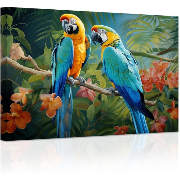 ZHONGYUTONG Parrot Couple Canvas Wall Art Tropical Macaw Birds on Branch Picture Prints Colorful Animal Romantic Painting for Bedroom Room Decor Framed (12.00" x 18.00")