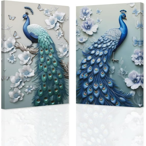 ZHONGYUTONG Peacock Wall Art Set of 2 Blue Peacock Pictures Wall Decor Elegant Peacock Painting Beautiful Animal Poster Canvas Prints Home Decor Frame (12"x16"x2PCS)