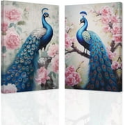 ZHONGYUTONG Peacock Wall Art Set of 2 Blue Peacock Pictures Wall Decor Elegant Peacock Painting Beautiful Animal Poster Canvas Prints Home Decor Frame 12"x16"x2PCS