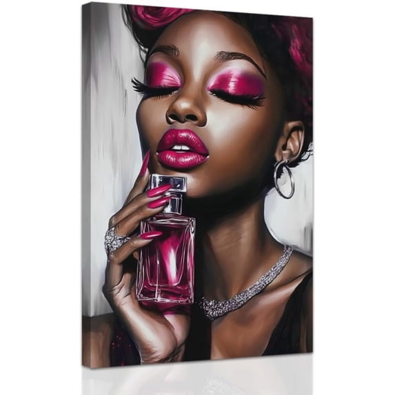ZHONGYUTONG Pink African American Wall Art Black Women Art Wall Decor Elegant Woman Canvas Prints Fashion Charm Girl Poster for Female Bedroom Home Framed (24.00" x 36.00")