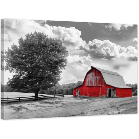 ZHONGYUTONG Red Barn Canvas Wall Art Farmhouse Black and White Pictures Country Rustic Farm Painting for Bathroom Bedroom Decor Framed (24.00" x 36.00")
