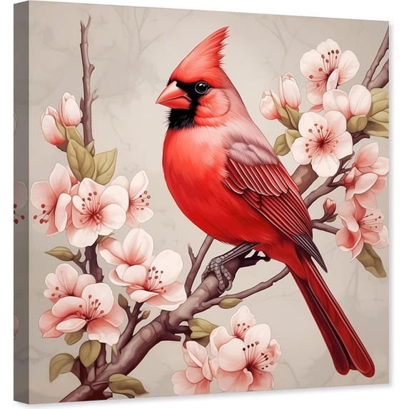 ZHONGYUTONG Red Birds Canvas Wall Art Cardinal on Tree Branch with Pink Flowers Painting Christmas Picture for Bedroom Decor Framed (12.00" x 12.00")