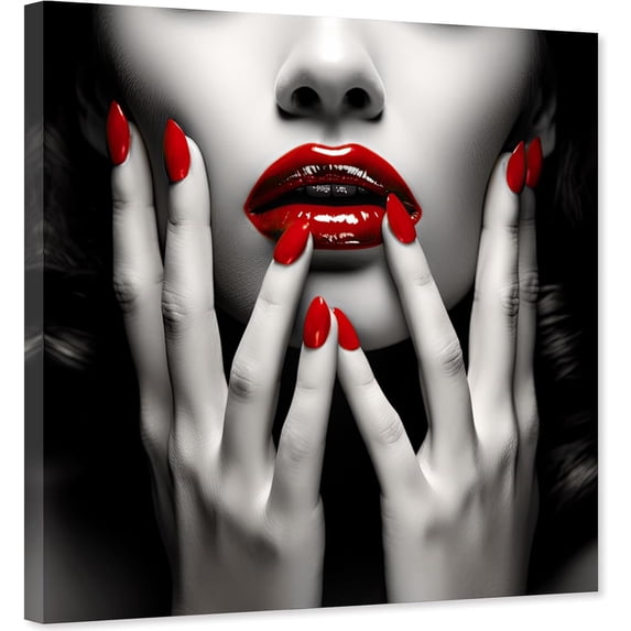ZHONGYUTONG Red Lip Canvas Wall Art Black and White Woman Lips Picture Painting Decor for Living Room Bedroom Framed (24.00" x 24.00")