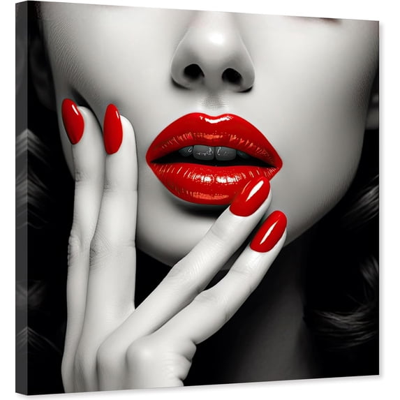 ZHONGYUTONG Red Lips Picture Wall Decor Woman with Red Nails Canvas Art Black and White Fashion Painting Poster for Bedroom Living Room Framed (12.00" x 12.00")