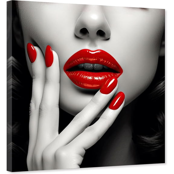 ZHONGYUTONG Red Lips Picture Wall Decor Woman with Red Nails Canvas Art Black and White Fashion Painting Poster for Bedroom Living Room Framed (12.00" x 12.00")
