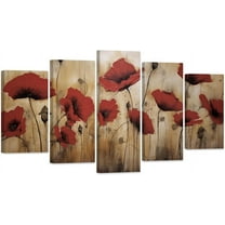 ZHONGYUTONG Red Poppies Flower Canvas Wall Art 5 Pieces Retro Poppy Floral Painting Prints Elegant Rustic Picture Artwork Bathroom Home Decor (8"x14"x2 8"x18"x2 8"x22"x1)