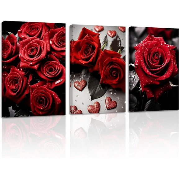 ZHONGYUTONG Red Rose Canvas Wall Art 3 Pieces Elegant Rose Flower Painting Prints Blooming Floral Picture Romantic Artwork Home Decor Framed (11.00" x 14.00" x 3PCS)