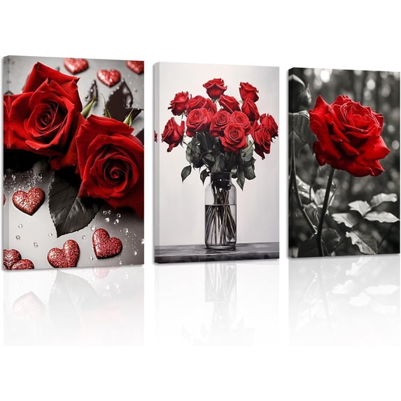 ZHONGYUTONG Red Rose Canvas Wall Art 3 Pieces Elegant Rose Flower Painting Prints Blooming Floral Picture Romantic Artwork Home Decor Framed (16.00" x 24.00" x 3PCS)