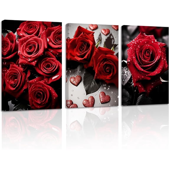 ZHONGYUTONG Red Rose Canvas Wall Art 3 Pieces Elegant Rose Flower Painting Prints Blooming Floral Picture Romantic Artwork Home Decor Framed (20.00" x 28.00" x 3PCS)