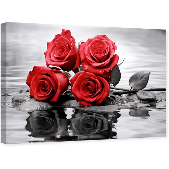 ZHONGYUTONG Red Rose Canvas Wall Art Romantic Flower Pictures Print Modern Black Red Floral Painting for Bathroom Decor Framed (12.00" x 18.00")