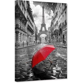 ZHONGYUTONG Red Umbrella Canvas Wall Art Black White Paris Street Pictures Romantic Painting Modern Print for Bedroom Decor Framed (12.00" x 18.00")