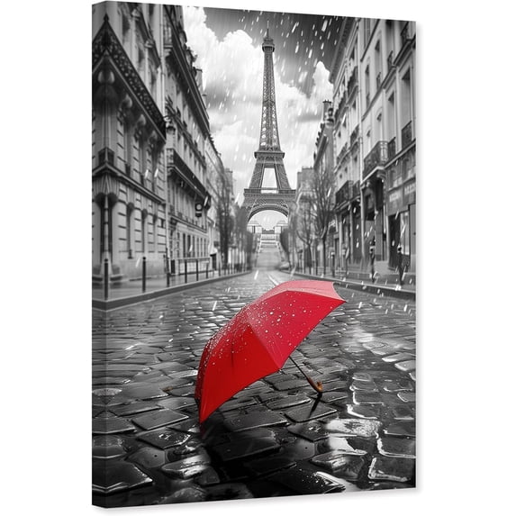 ZHONGYUTONG Red Umbrella Canvas Wall Art Black White Paris Street Pictures Romantic Painting Modern Print for Bedroom Decor Framed (16.00" x 24.00")