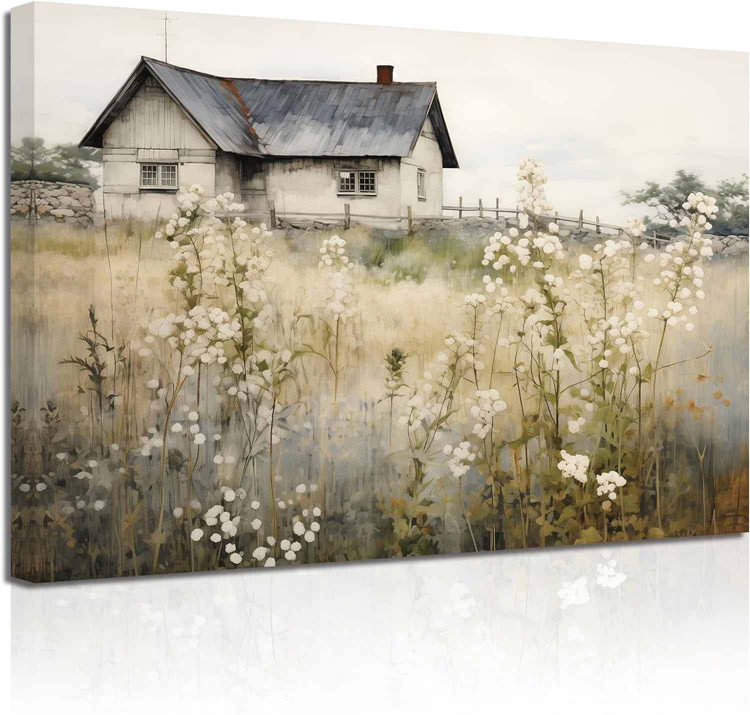 ZHONGYUTONG Retro Landscape Wall Art Wildflower Field Farmhouse Painting  Prints French Country Canvas Pictures Rustic Wall Decor for Living Room  Framed (12.00\, image size:1500x1430