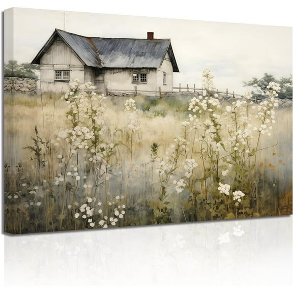 ZHONGYUTONG Retro Landscape Wall Art Wildflower Field Farmhouse Painting Prints French Country Canvas Pictures Rustic Wall Decor for Living Room Framed (12.00" x 18.00")