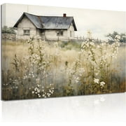 ZHONGYUTONG Retro Landscape Wall Art Wildflower Field Farmhouse Painting Prints French Country Canvas Pictures Rustic Wall Decor for Living Room Framed 20.00" x 30.00"