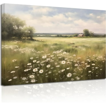 ZHONGYUTONG Retro Landscape Wall Art Wildflower Field Meadow Painting Prints French Country Canvas Pictures Rustic Botanical Farmhouse Wall Decor Framed (12.00" x 18.00")