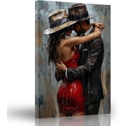 ZHONGYUTONG Romantic Couple Canvas Wall Art Black and Red Lovers Picture Abstract African American Painting for Bedroom Decor Framed 12.00" x 18.00"