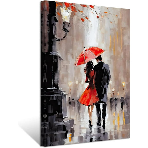 ZHONGYUTONG Romantic Wall Art Street Couple with Red Umbrella Paintings Valentine's Day Canvas Prints for Girls Bedroom Room Decor Ready to Hang (12.00" x 18.00")