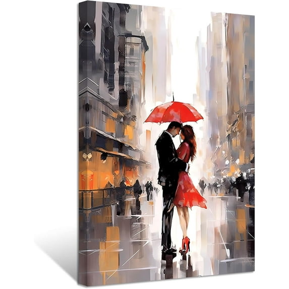 ZHONGYUTONG Romantic Wall Art Street Couple with Red Umbrella Paintings Valentine's Day Canvas Prints for Girls Bedroom Room Decor Ready to Hang (12.00" x 18.00")