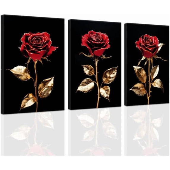 ZHONGYUTONG Rose Gold Wall Art Set of 3 Black and Gold Flower Painting Prints Red Rose Canvas Pictures Floral Bathroom Bedroom Home Decor Framed (11.00" x 14.00" x 3PCS)