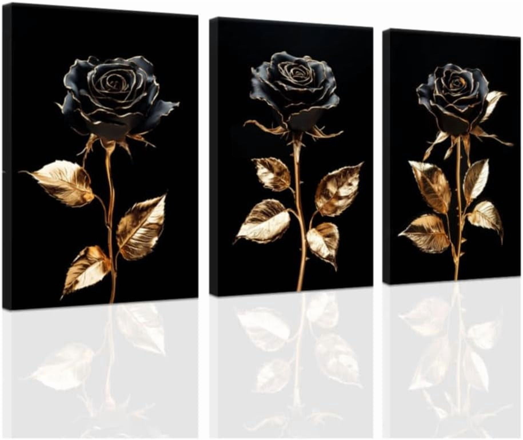 ZHONGYUTONG Rose Gold Wall Art Set of 3 Black and Gold Flower Painting
