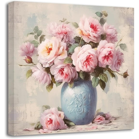 ZHONGYUTONG Rustic Bathroom Wall Art Peony Floral Bouquet Pictures Country Pink Flower Vase Botanical Canvas Prints Farmhouse Kitchen Decor Artwork (12.00" x 12.00")
