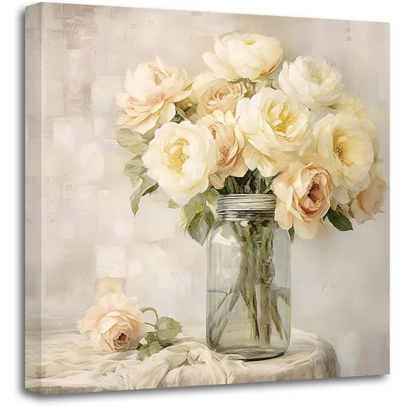 ZHONGYUTONG Rustic Bathroom Wall Art Peony Floral in Vase Pictures Country Yellow Flower Bouquet Botanical Canvas Prints Farmhouse Kitchen Decor Artwork (28.00" x 28.00")