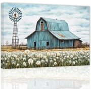 ZHONGYUTONG Rustic Blue Barn Wall Art Country Landscape Windmill Picture Farmhouse Scenery Canvas Wall Decor for Living Room Bedroom Home Frame 12.00" x 18.00"