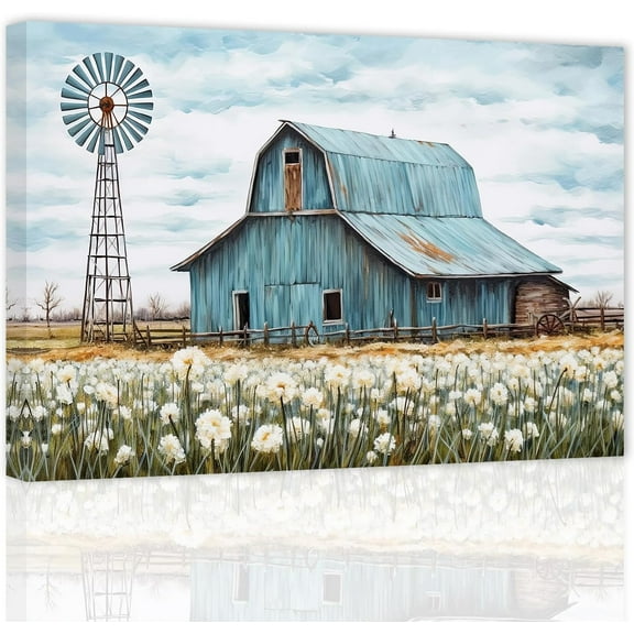 ZHONGYUTONG Rustic Blue Barn Wall Art Country Landscape Windmill Picture Farmhouse Scenery Canvas Wall Decor for Living Room Bedroom Home Frame (12.00" x 18.00")