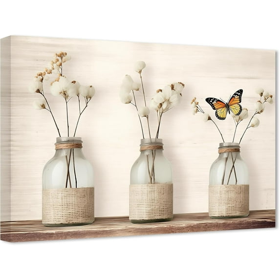 ZHONGYUTONG Rustic Kitchen Wall Art Butterfly Cotton Flower in Vase Picture Farmhouse Floral Canvas Prints Beige Botanical Artwork Bathroom Wall Decor (12.00" x 18.00")