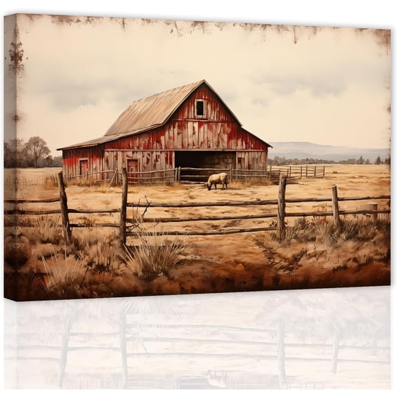 ZHONGYUTONG Rustic Old Barn Wall Art Vintage Country Landscape Picture Farmhouse Scenery Canvas Wall Decor for Living Room Bedroom Home Frame (28.00" x 42.00")