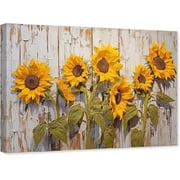 ZHONGYUTONG Rustic Sunflower Canvas Wall Art Vintage Yellow Flower Painting Floral on Wooden Background Picture Decor Framed 12.00" x 18.00"