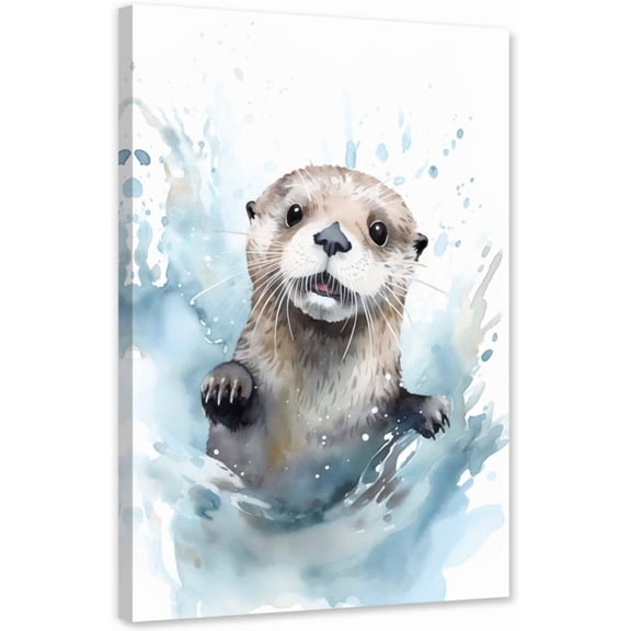 ZHONGYUTONG Sea Otter Canvas Wall Art Watercolor Otter Pictures Cute Funny Animals Painting for Bathroom Kid Nursery Decor Framed (12.00" x 18.00")
