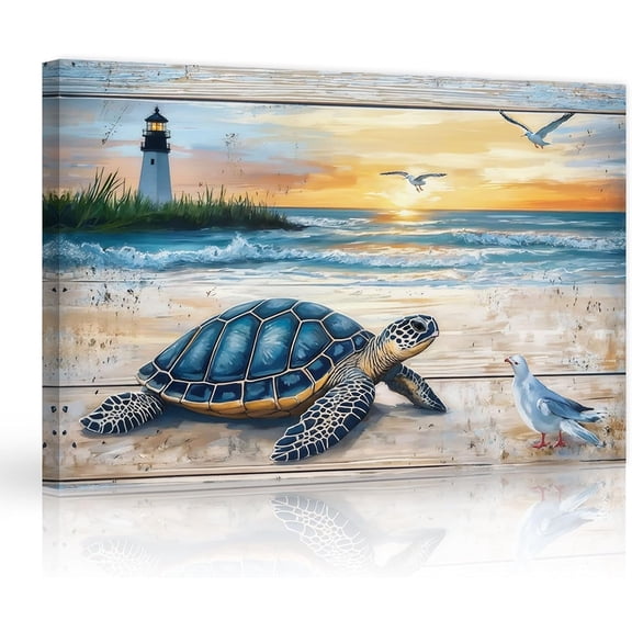 ZHONGYUTONG Sea Turtle Canvas Wall Art Turtle Bathroom Wall Decor Coastal Beach Pictures Ocean Animal Artwork Lighthouse Painting for Home Decor Framed (20.00" x 30.00")