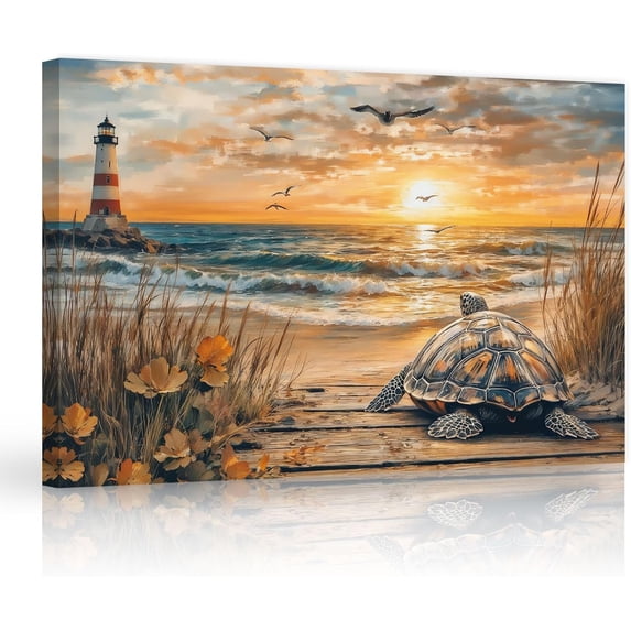 ZHONGYUTONG Sea Turtle Canvas Wall Art Turtle Bathroom Wall Decor Coastal Beach Pictures Ocean Animal Artwork Lighthouse Painting for Home Decor Framed (24.00" x 36.00")